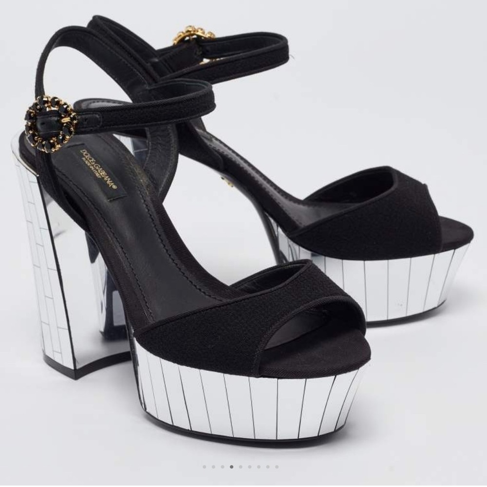 Dolce & Gabbana Black Fabric Mirror Belluci Platform Heels Sandals